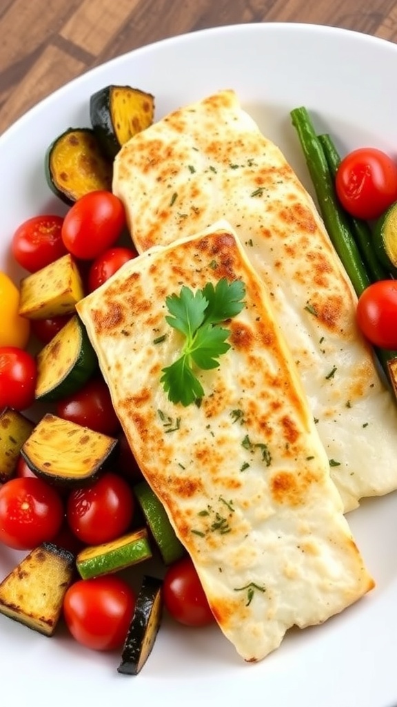 Baked tilapia with roasted vegetables on a white plate, garnished with parsley, on a wooden table.